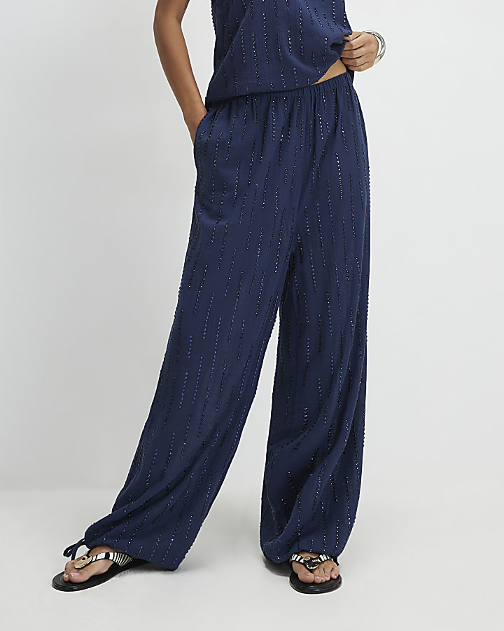 Blue Cotton Embellished Balloon Leg Trousers