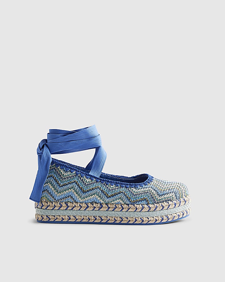 Blue Zig Zag Raffia Lace Up Flatform Shoes