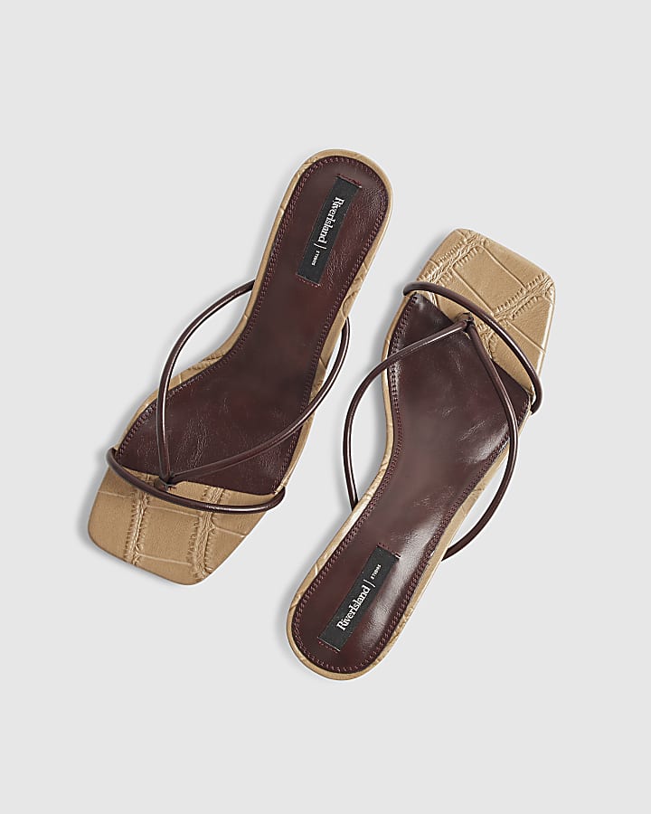 Brown Skinny Strap Toe Thong Heels