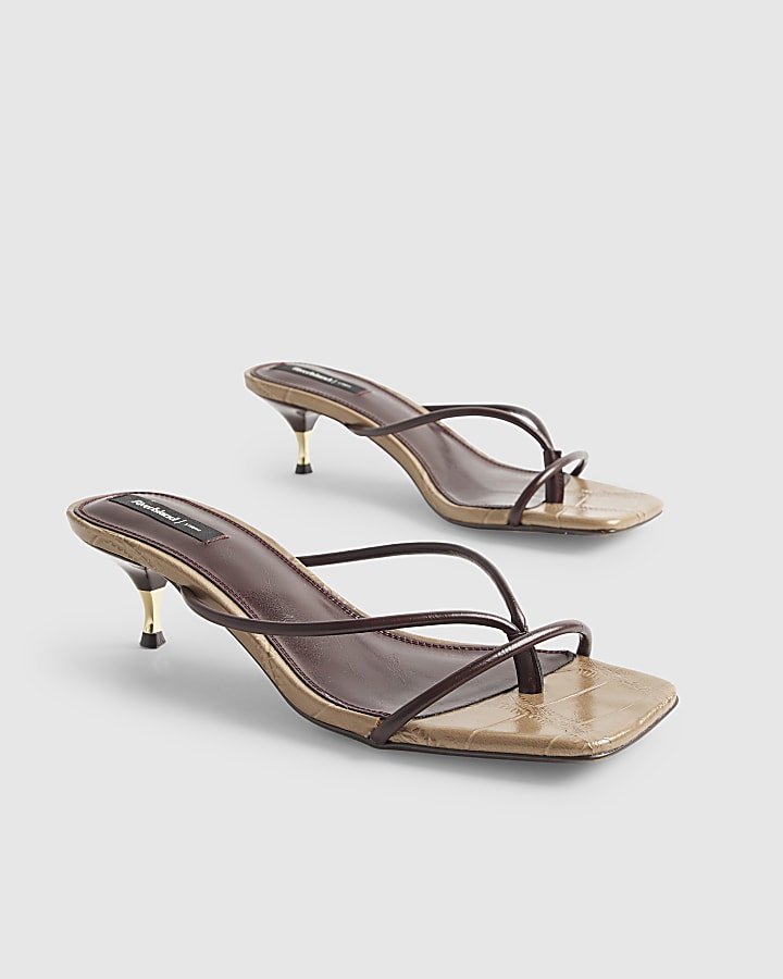Brown Skinny Strap Toe Thong Heels