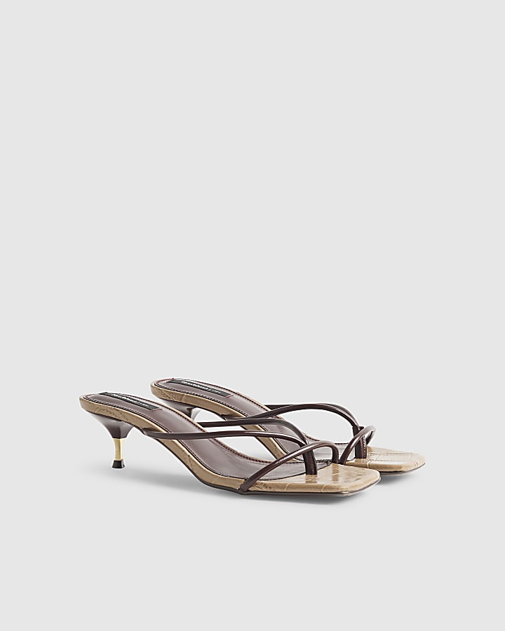 Brown Skinny Strap Toe Thong Heels