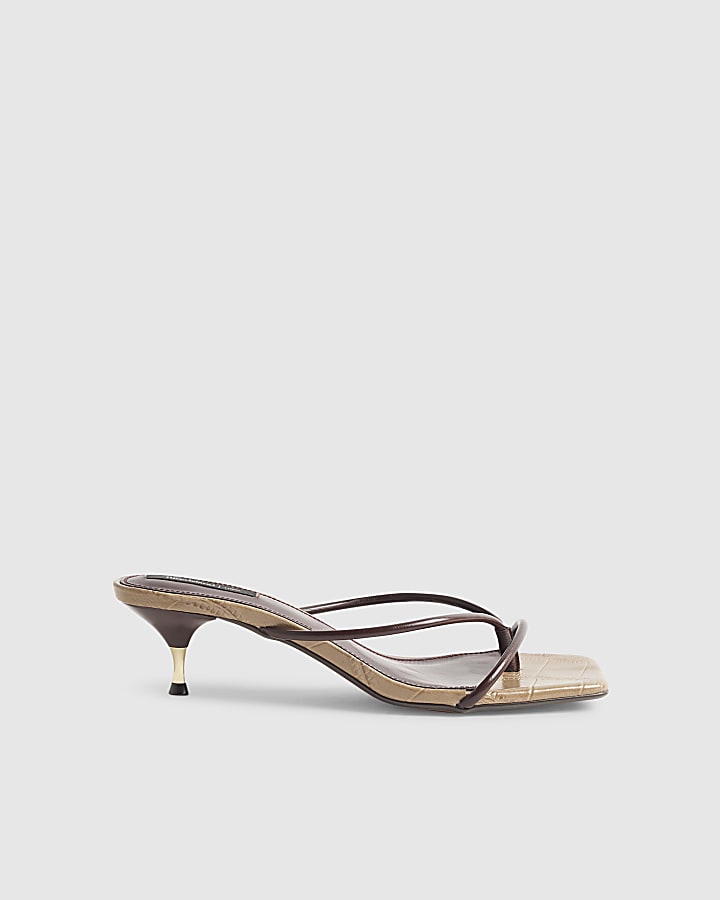 Brown Skinny Strap Toe Thong Heels