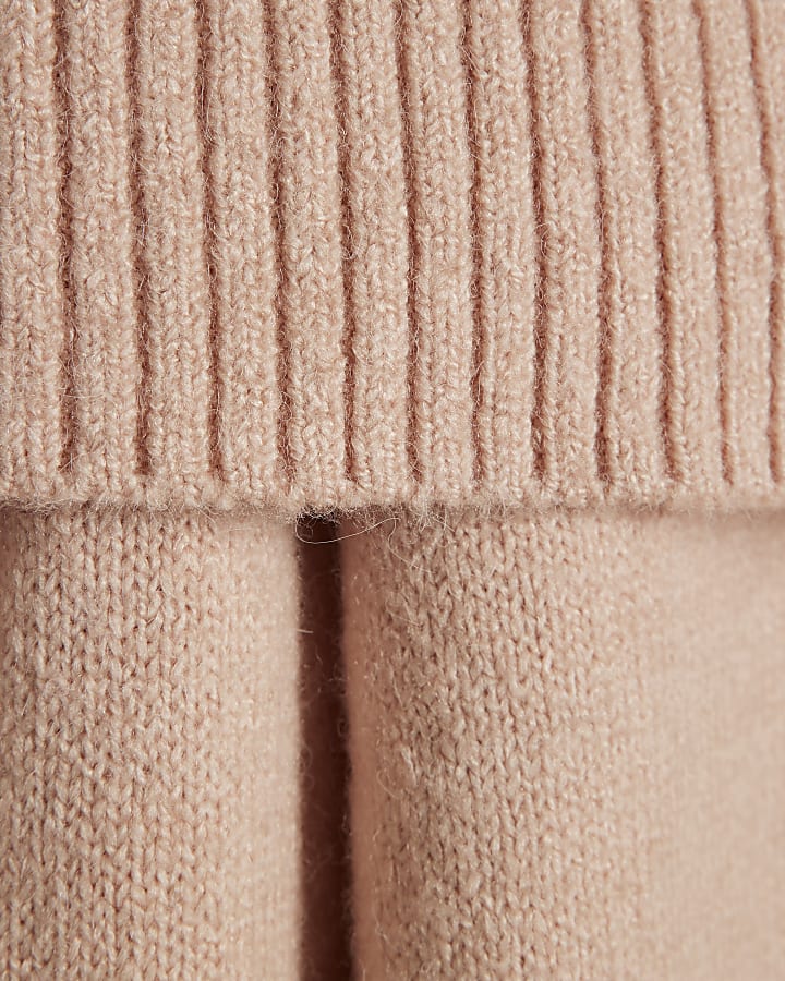 Pink Knitted Long Sleeve Bardot Midi Dress