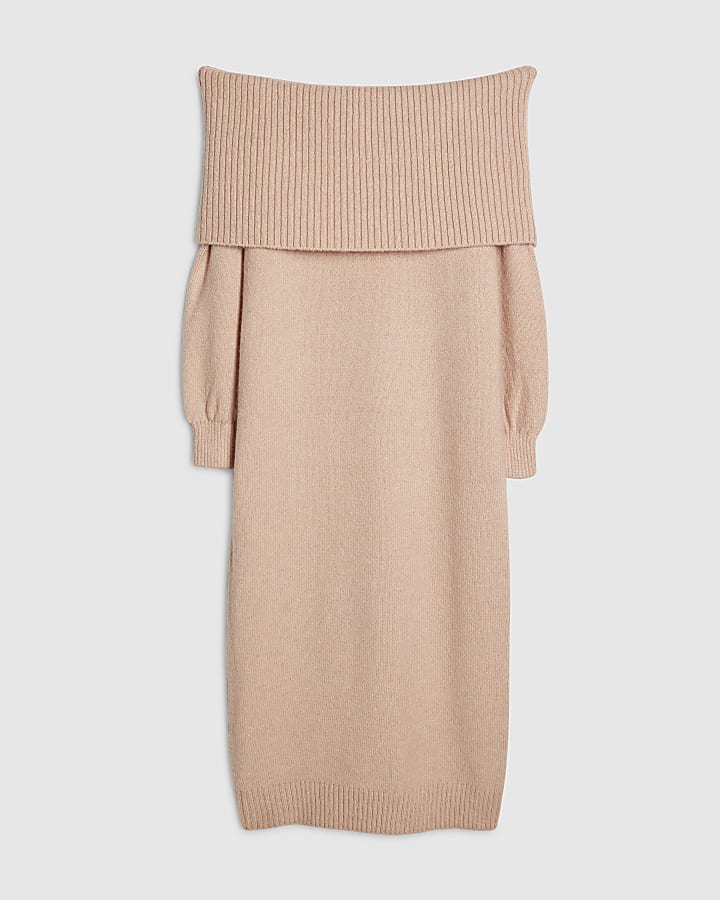 Pink Knitted Long Sleeve Bardot Midi Dress