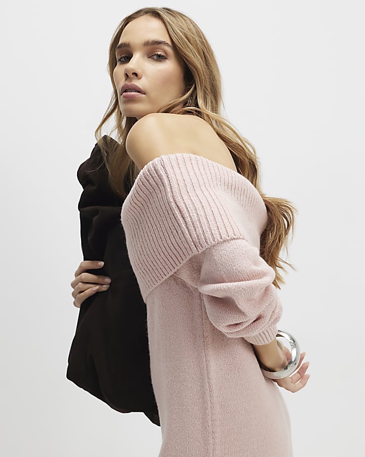 Pink Knitted Long Sleeve Bardot Midi Dress