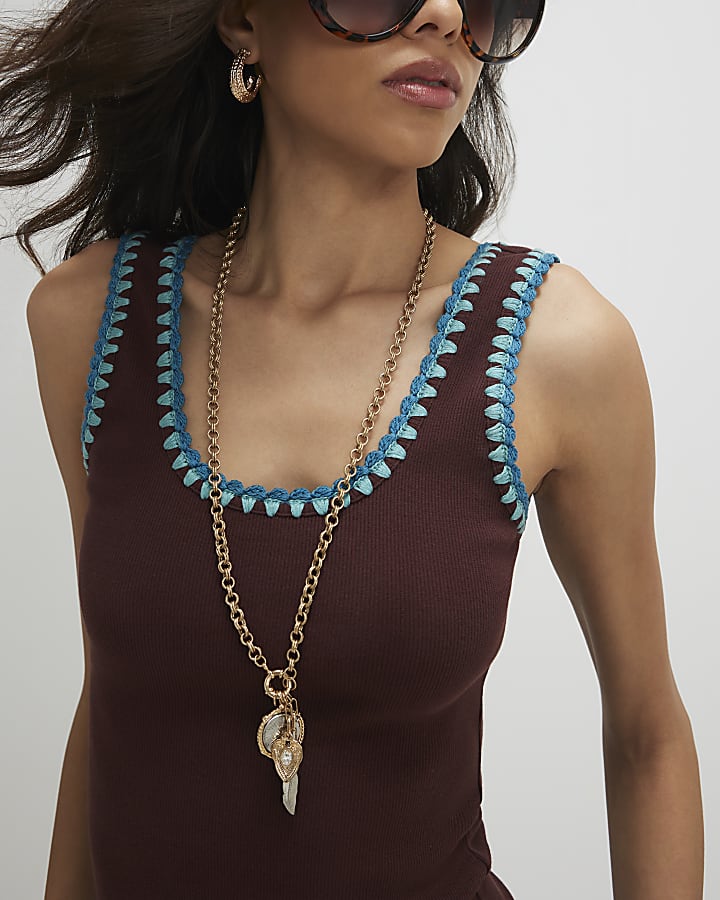Brown Cotton Sleeveless Whipstitch Tank Top