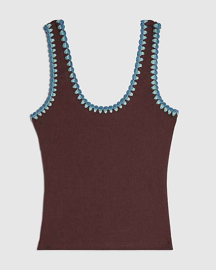 Brown Cotton Sleeveless Whipstitch Tank Top