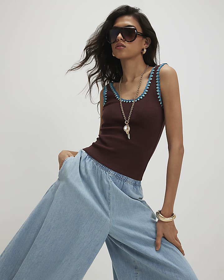 Brown Cotton Sleeveless Whipstitch Tank Top
