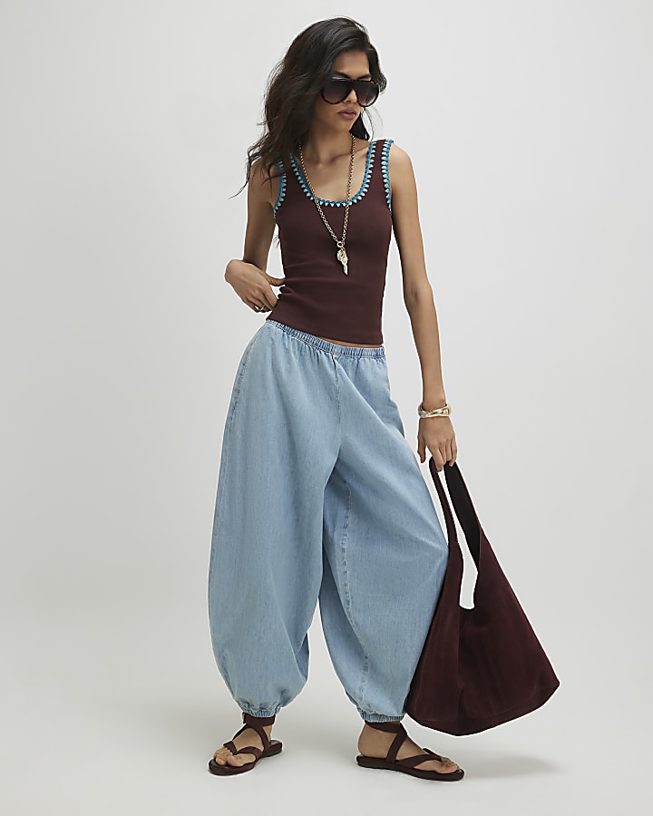 Brown Cotton Sleeveless Whipstitch Tank Top