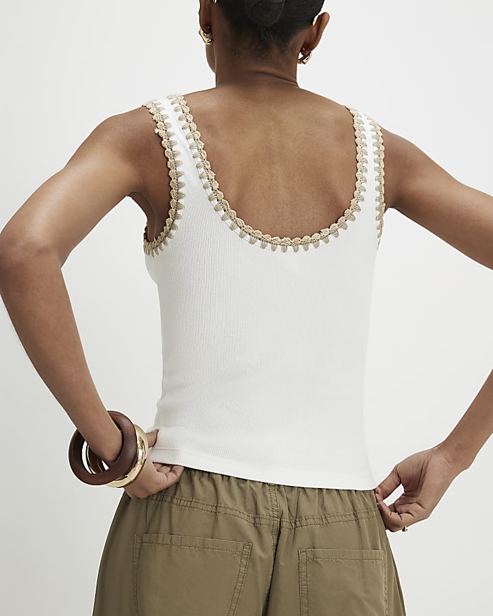 White Sleeveless Whipstitch Trim Tank Top