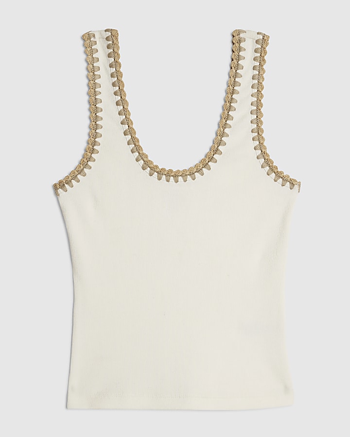 White Sleeveless Whipstitch Trim Tank Top