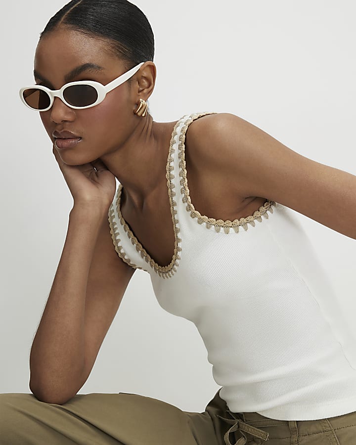 White Sleeveless Whipstitch Trim Tank Top