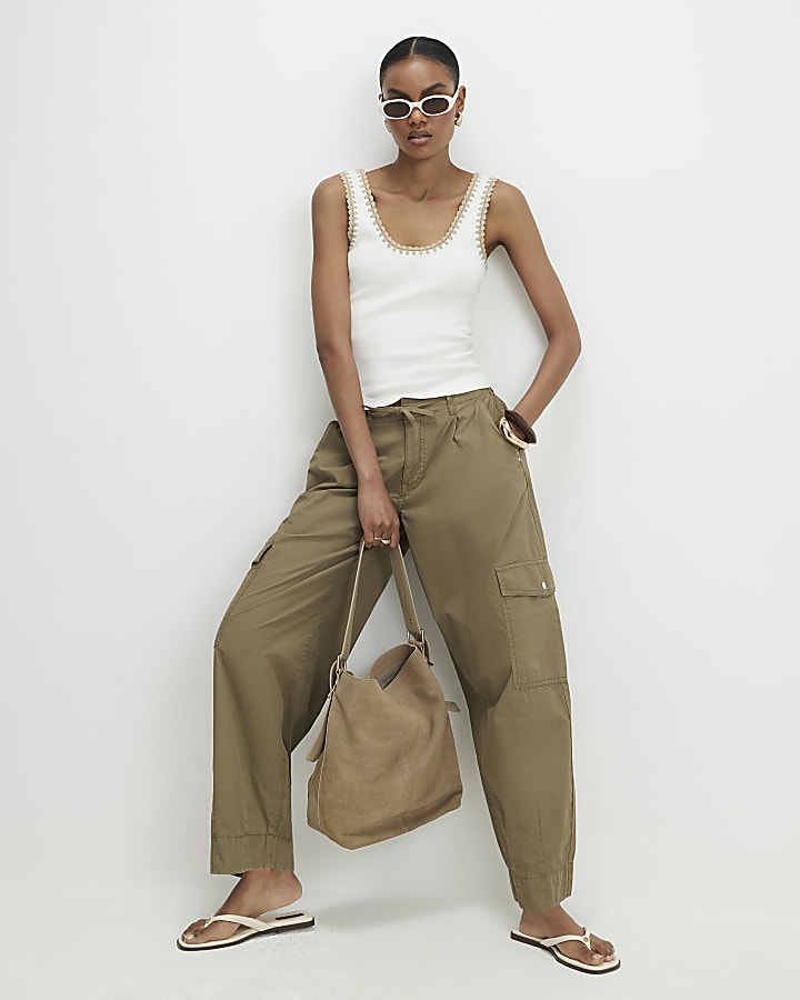 White Sleeveless Whipstitch Trim Tank Top
