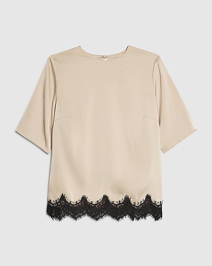 Cream Satin Short Sleeve Lace Trim Top