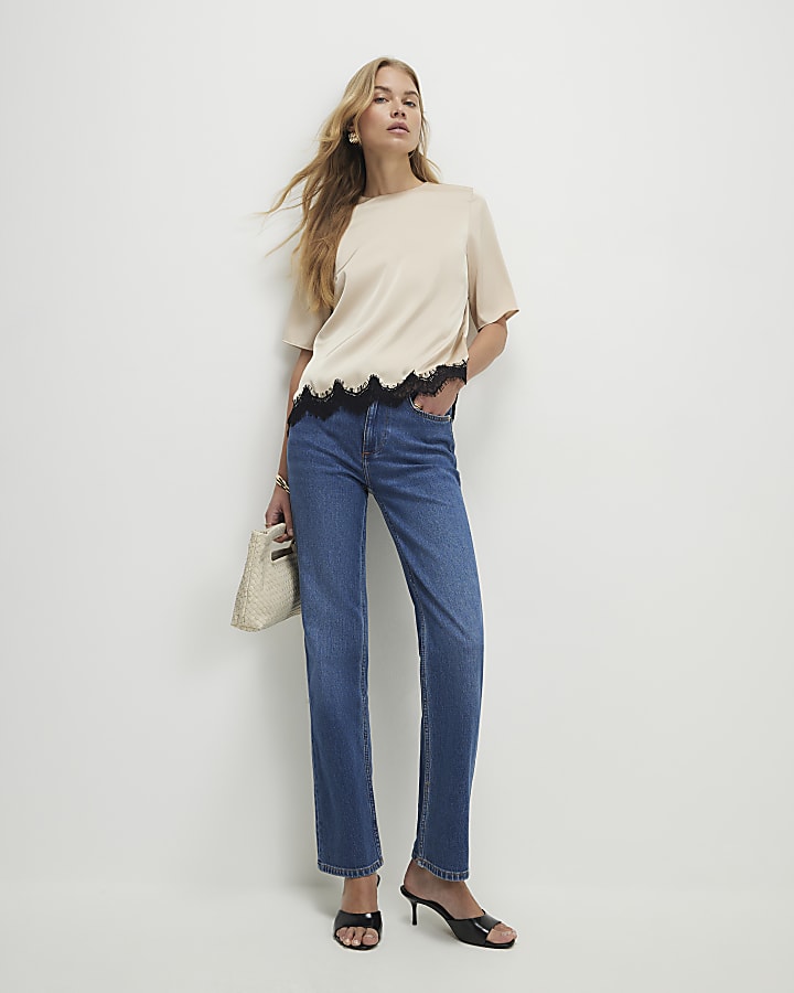 Cream Satin Short Sleeve Lace Trim Top