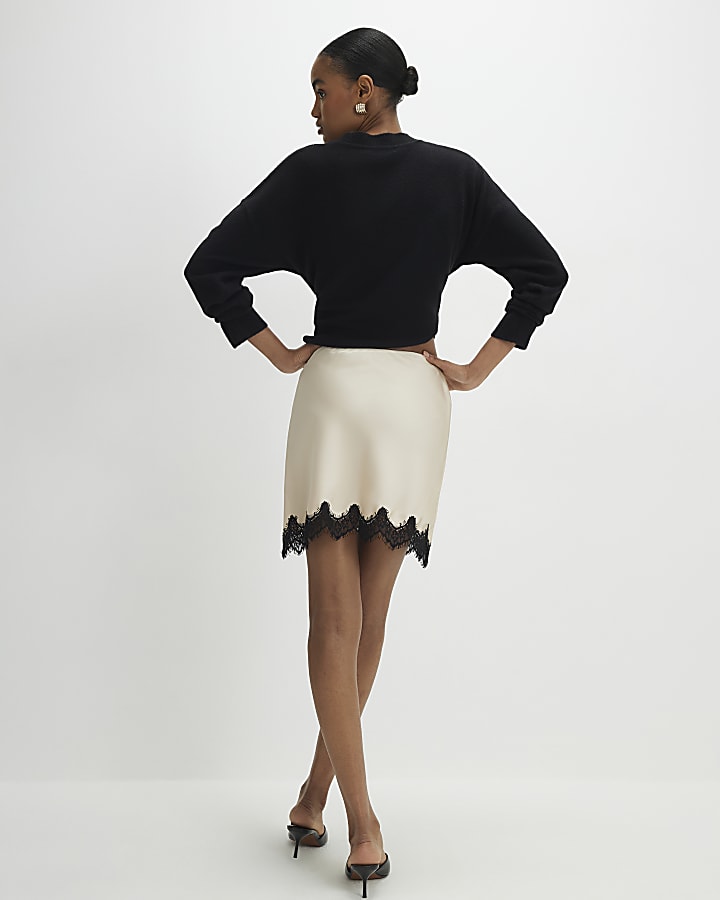 Cream Lace Trim Satin Mini Skirt