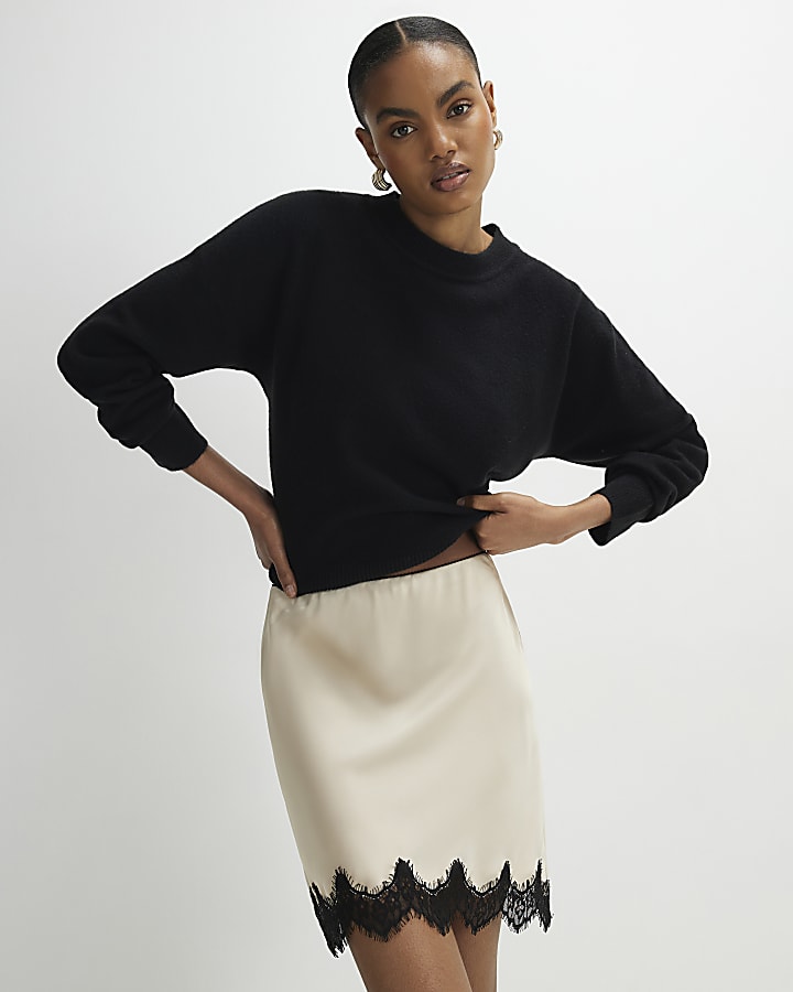 Cream Lace Trim Satin Mini Skirt