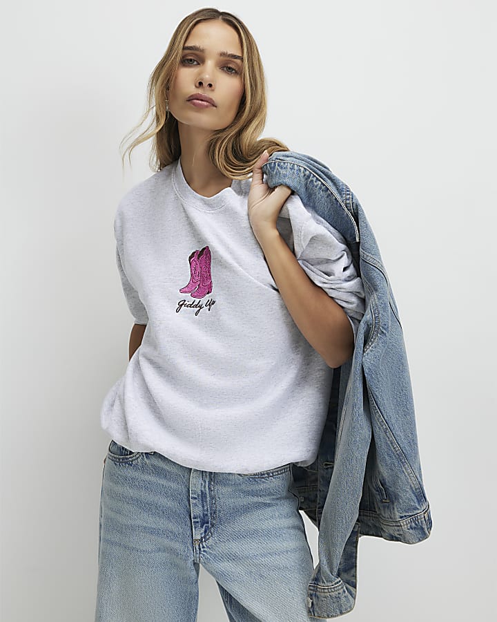 Grey Giddy Up Cowboy Boots Sweatshirt