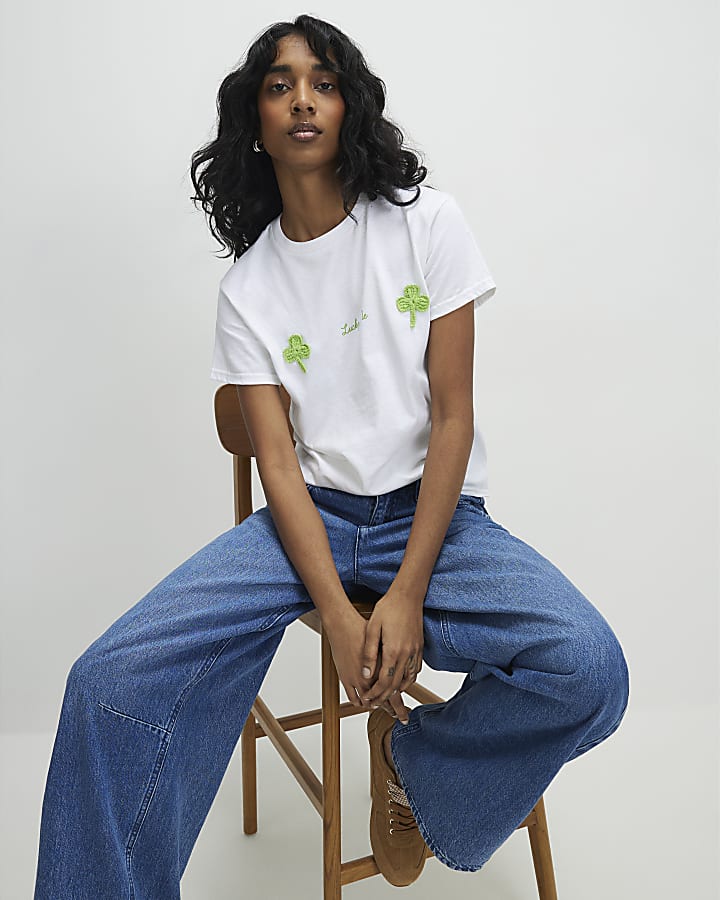 White Crochet Clover Lucky Me T-Shirt