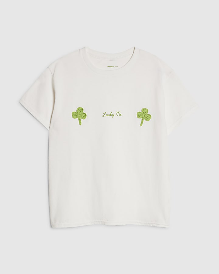 White Crochet Clover Lucky Me T-Shirt
