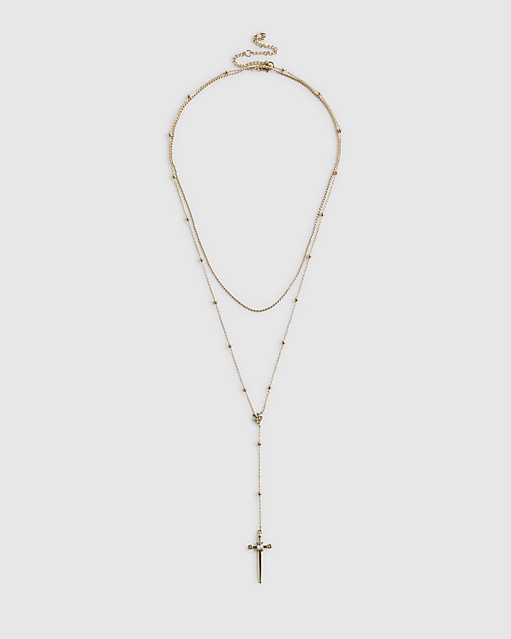 Gold Layered Cross Lariat Necklace