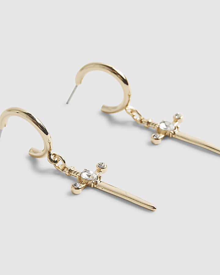 Gold Cross Drop Hoop Earrings