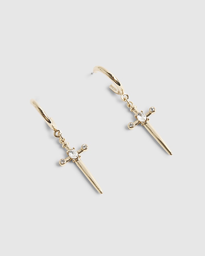 Gold Cross Drop Hoop Earrings