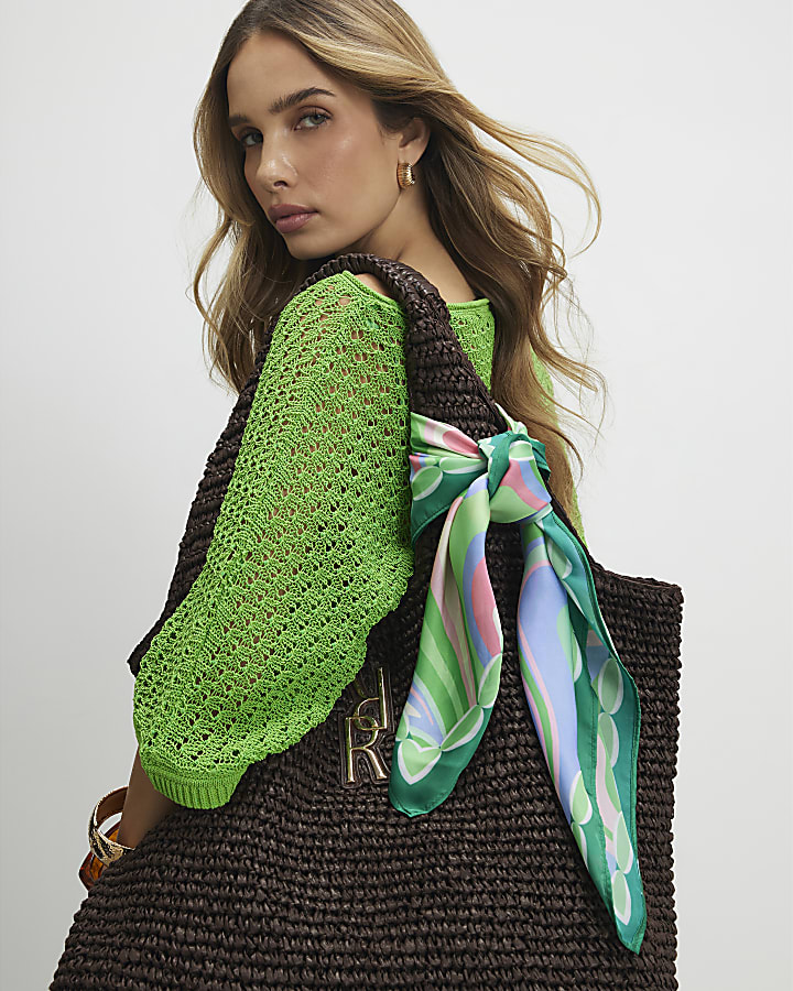 Green Satin Print Scarf