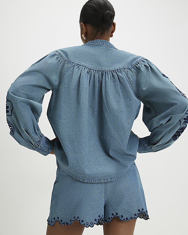 Blue Cutwork Embroidered Denim Blouse