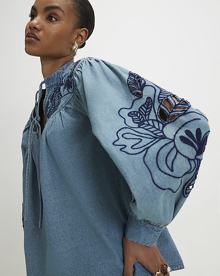 Blue Cutwork Embroidered Denim Blouse