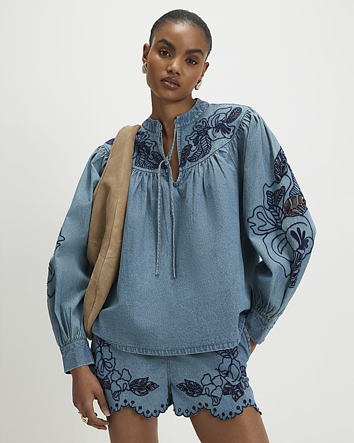 Blue Cutwork Embroidered Denim Blouse