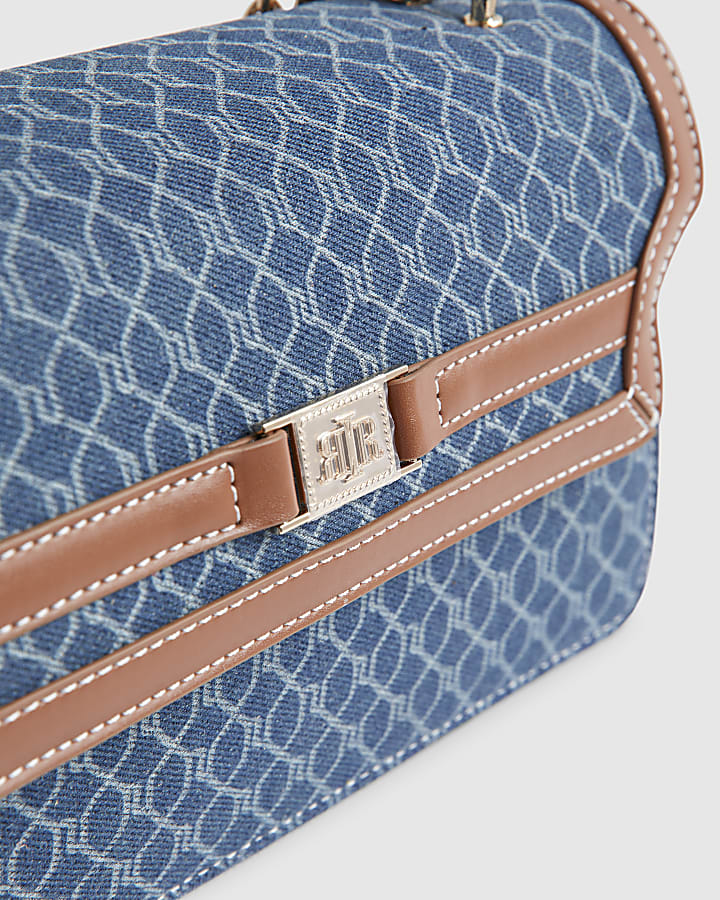 Blue Denim Monogram Print Shoulder Bag