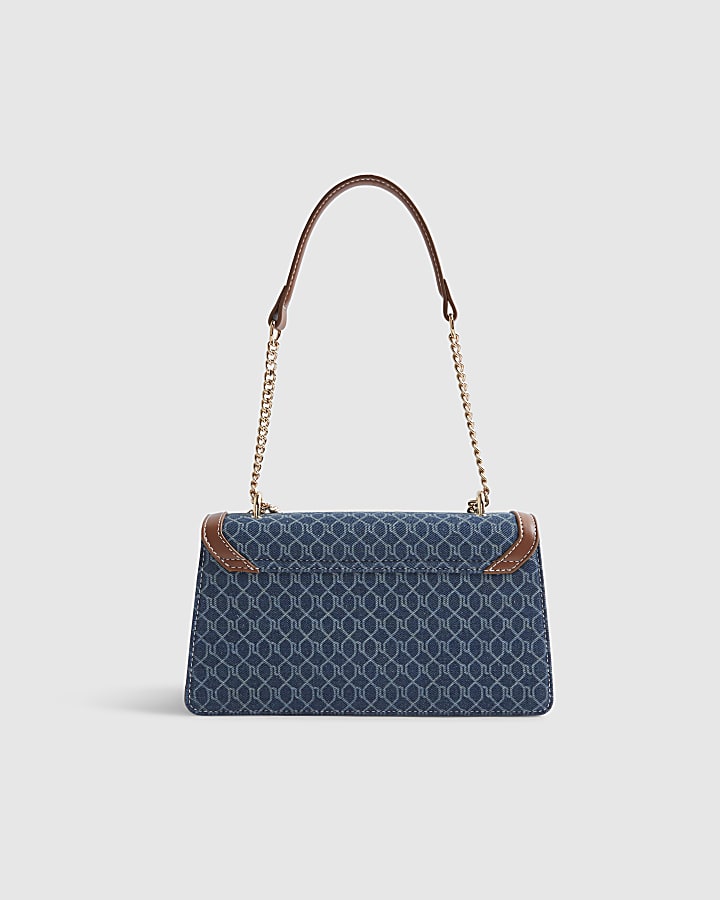 Blue Denim Monogram Print Shoulder Bag