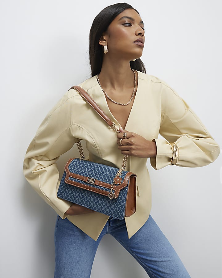 Blue Denim Monogram Print Shoulder Bag