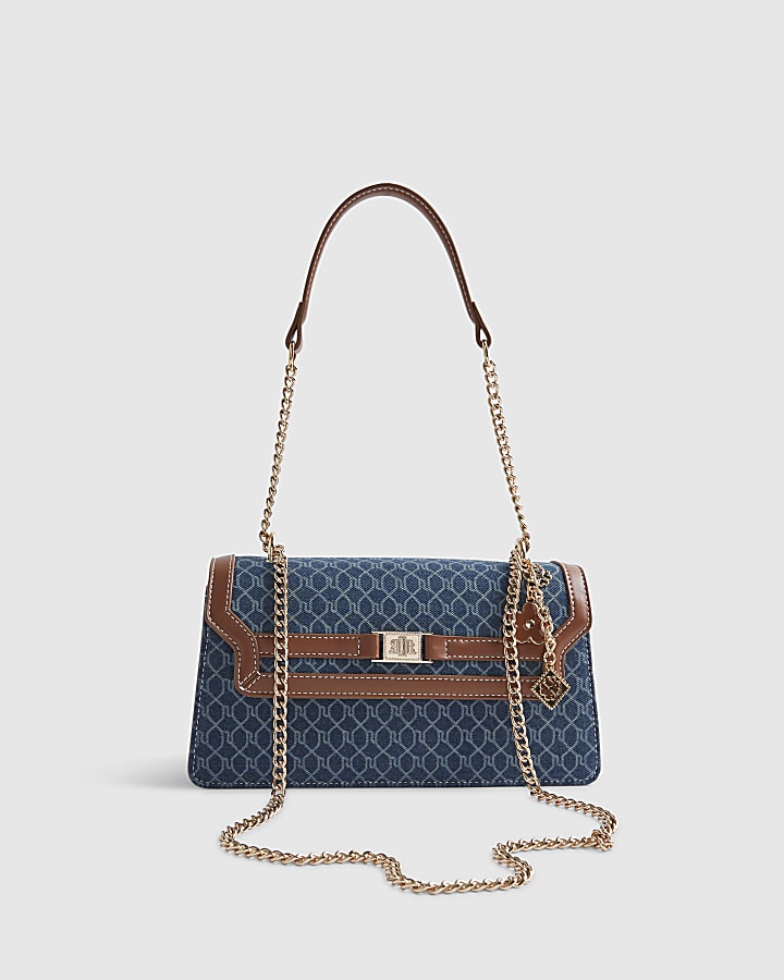 Blue Denim Monogram Print Shoulder Bag