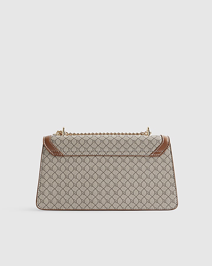 Beige Monogram Print Charm Shoulder Bag