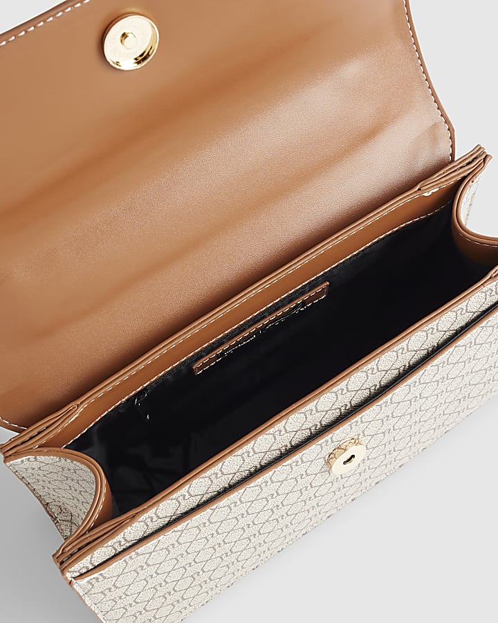 Beige Monogram Print Charm Shoulder Bag