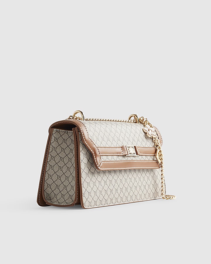 Beige Monogram Print Charm Shoulder Bag