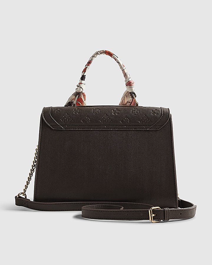Brown Scarf Embossed Charm Tote Bag