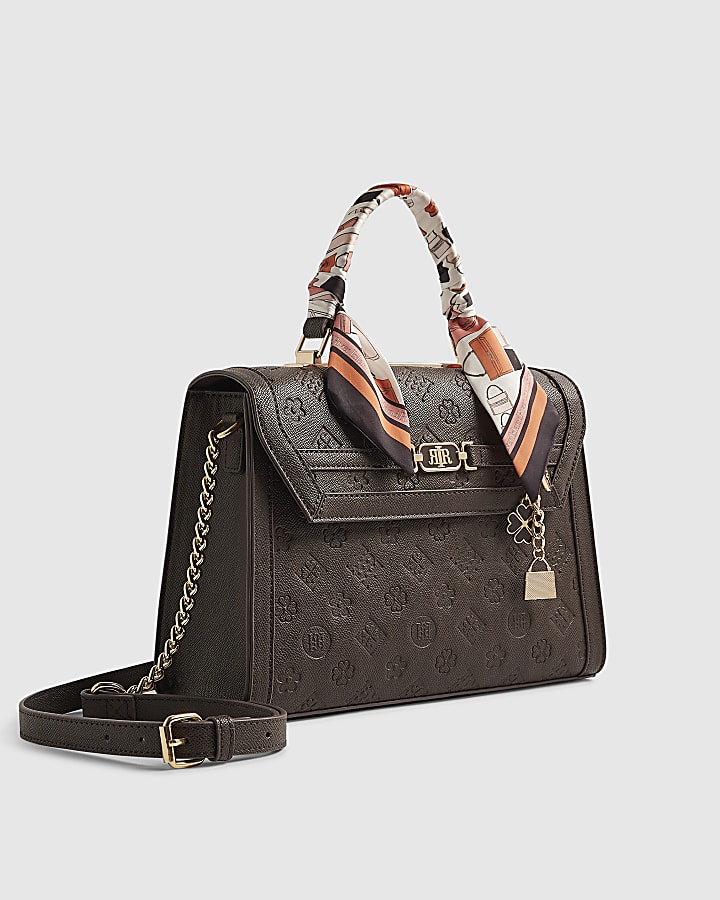 Brown Scarf Embossed Charm Tote Bag