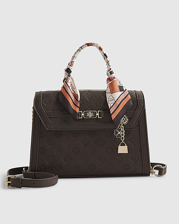 Brown Scarf Embossed Charm Tote Bag