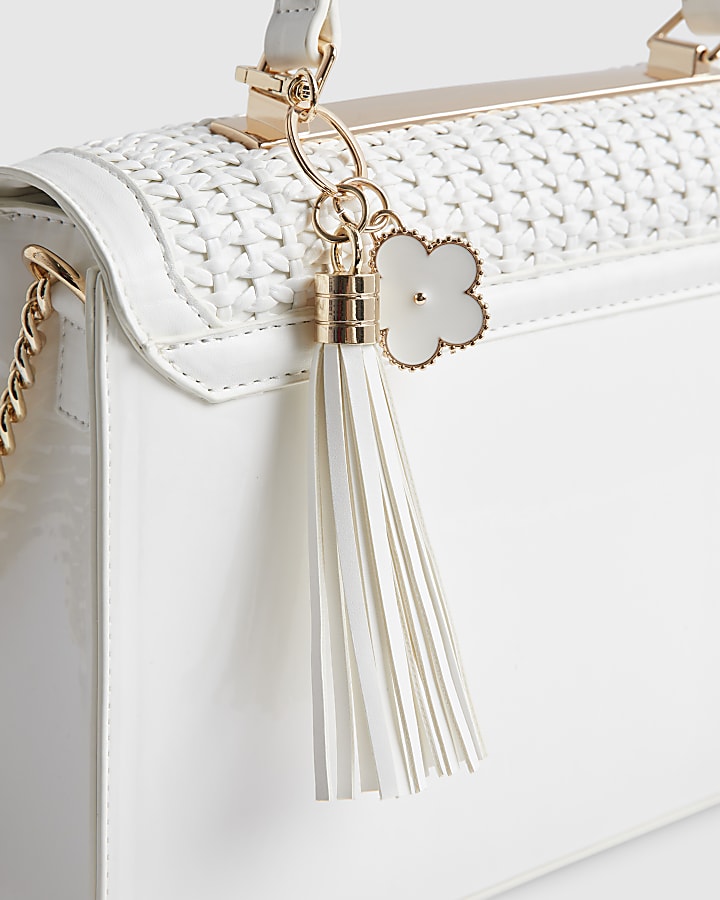 White Medium Woven Charm Tote Bag