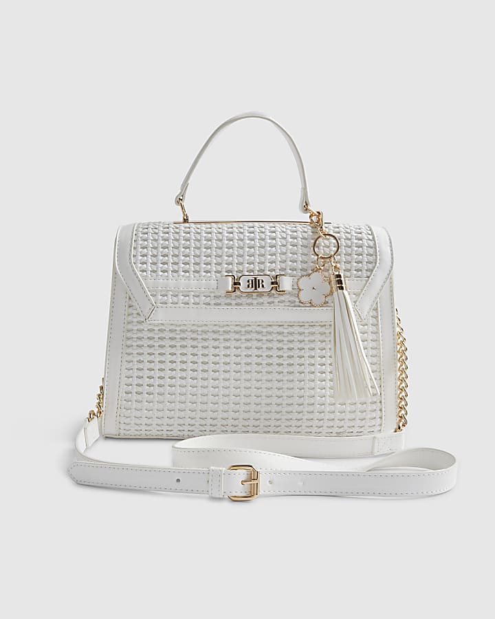 White Medium Woven Charm Tote Bag