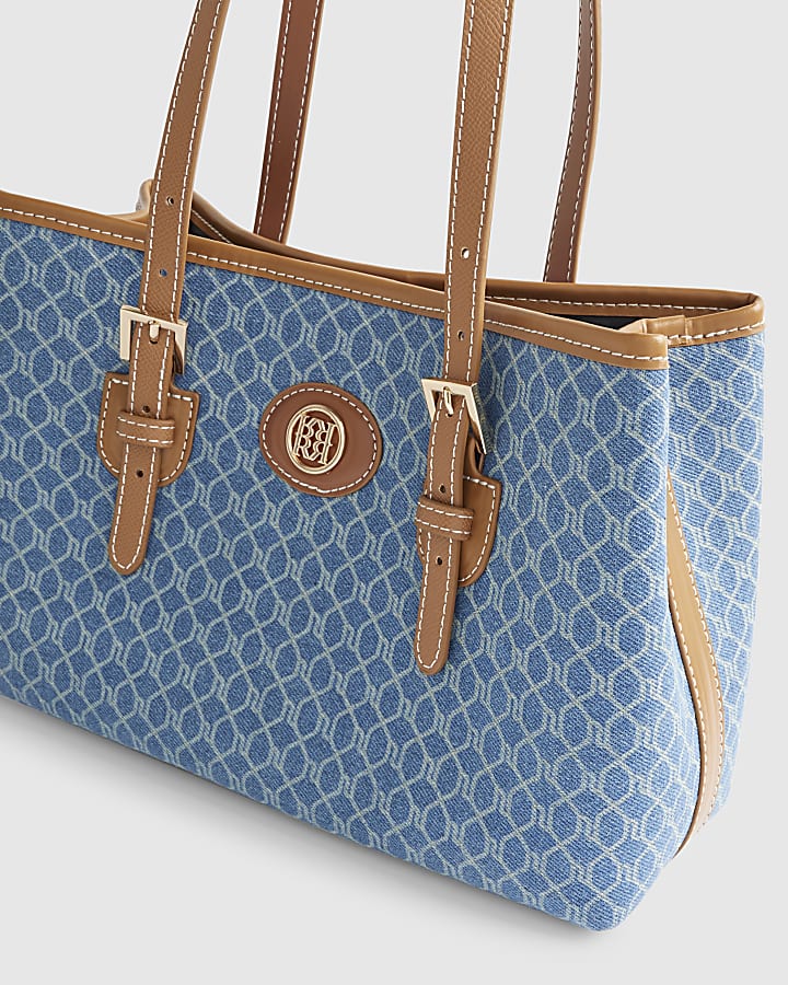 Blue Denim Monogram Print Shopper Bag