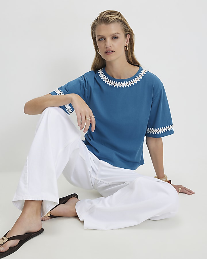 Blue Cotton Whipstitch T-Shirt