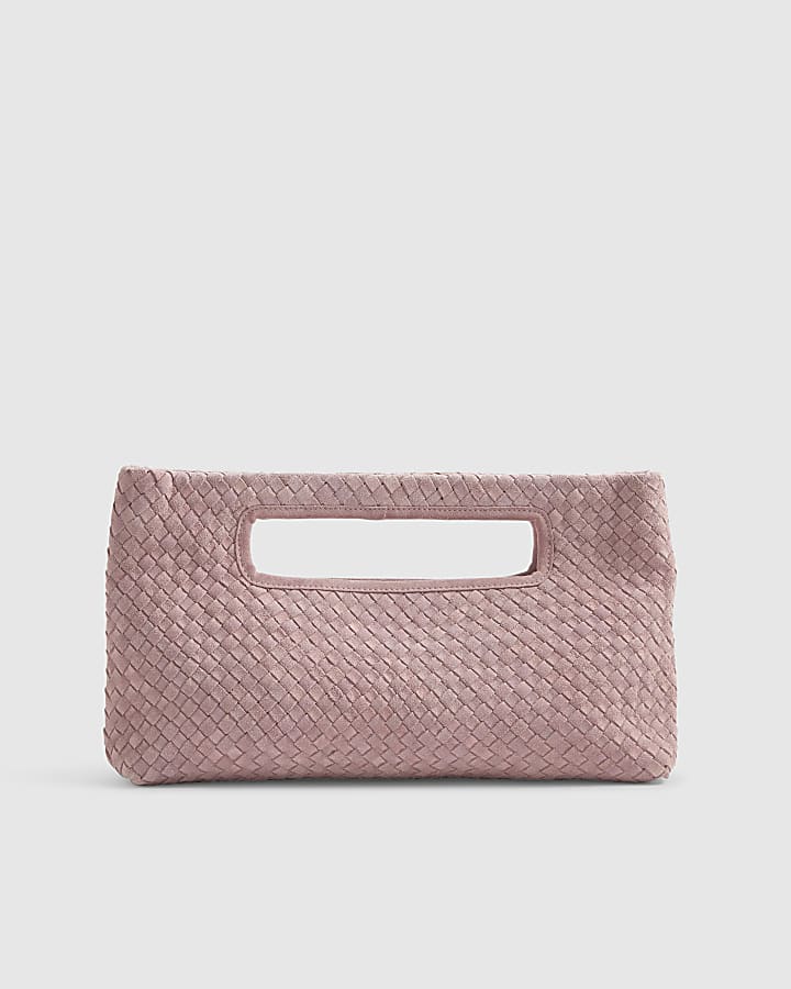 Pink Suede Woven Clutch Bag