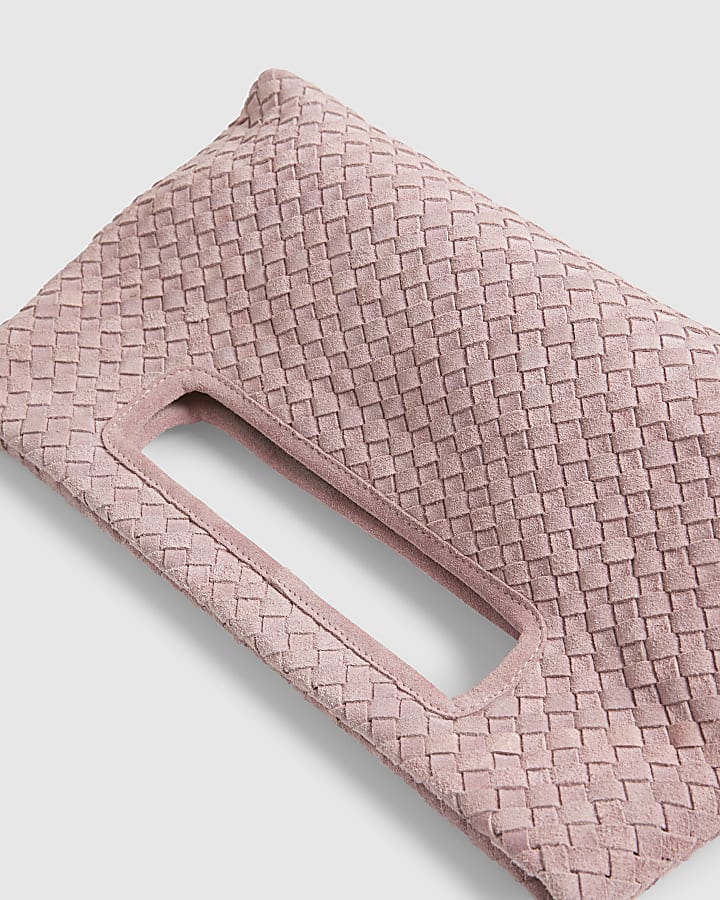 Pink Suede Woven Clutch Bag