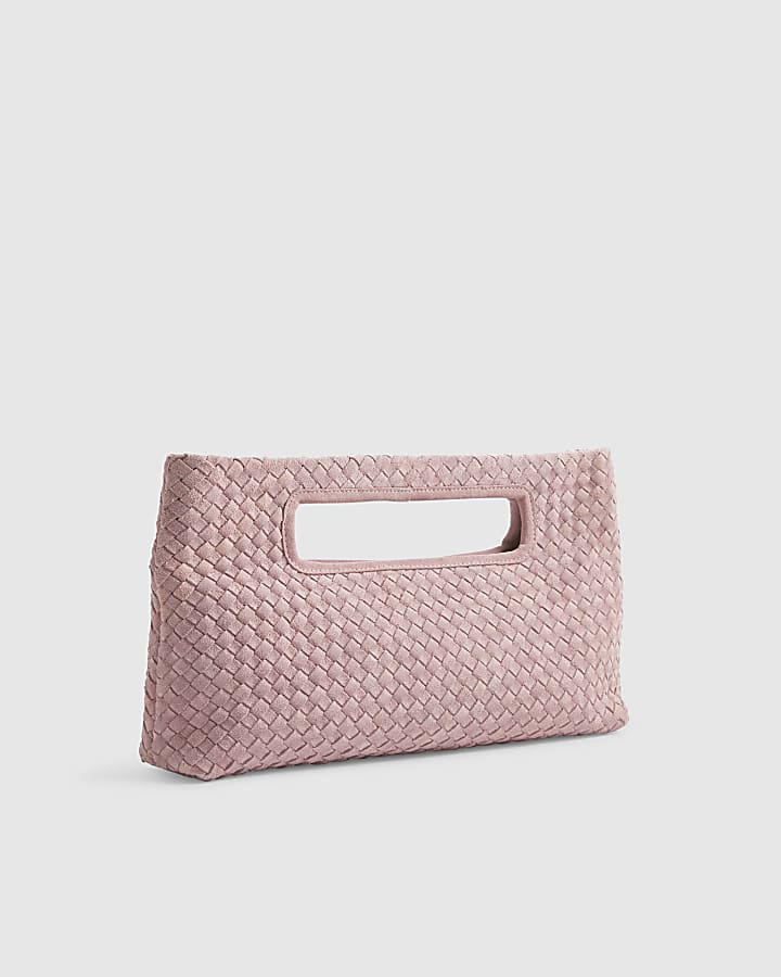 Pink Suede Woven Clutch Bag