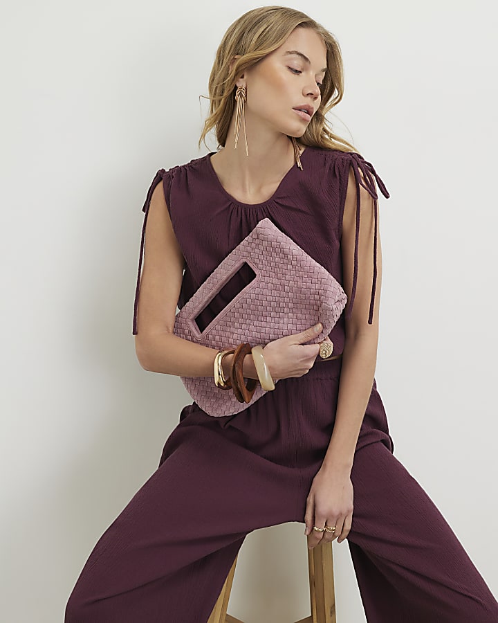 Pink Suede Woven Clutch Bag