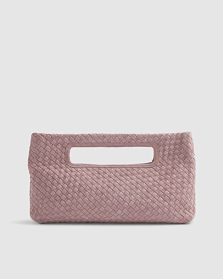 Pink Suede Woven Clutch Bag